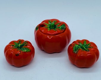 3 Stück Menage Set Salz Pfeffer Senf Topf Antique Maruhon Occupied Japan Tomate