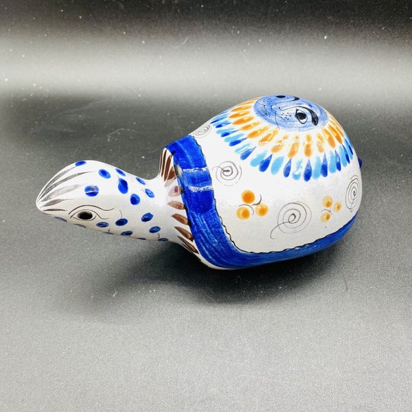 Tonala Mexican Turtle Hand Painted Blue Signed Sun Tortoise Figurine Folk Art