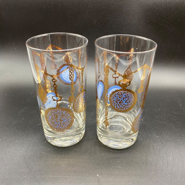 Verres en relief dorés High Ball vintage avec motifs de montre de poche bleus Verrerie rétro