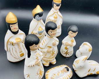 White Clay Mexican Nativity Set 9 piece Handpainted Gold Highlights (Stable not inc.)