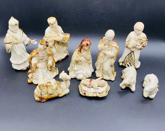 Glazed Clay Nativity Set 10 piece Holy Family Christmas (Stable not inc.)