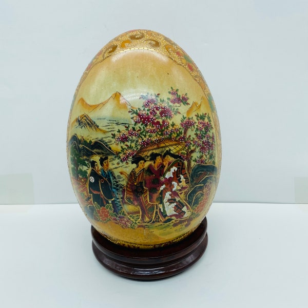 SATSUMA Style Large Porcelain EGG Hand Painted on Wood Stand