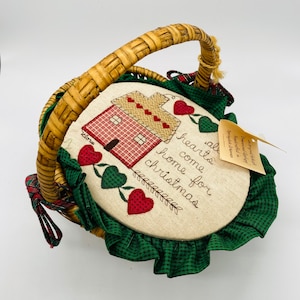 Small handwoven Wicker Basket with fabric and embroidery All hearts Come home for Christmas