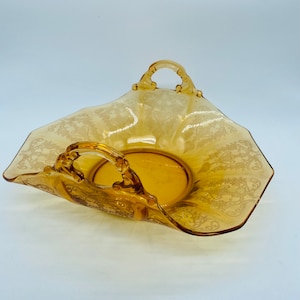 Vintage Decagon Cambridge Glass Etched Urn and Birds Amber Glass Dish with two handles