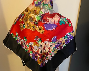 Vintage ADORIT CREATIONS Bufanda floral de seda transparente cuadrada en rojo con dobladillo hecho a mano