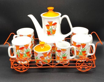 Retro Orange White Floral Coffee/Teapot Creamer Sugar Set Mugs Caddy 70s Japan