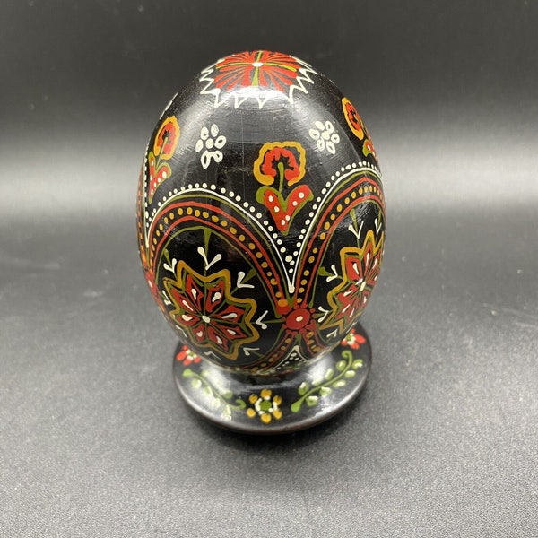 Pysanky Egg with Stand Hand Painted Black Orange Red Ukraine Folk Art