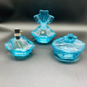 Bohemian - Czechoslovakia - Art Deco - Cut Glass Dresser Set Blue Glass Atomizer Perfume Powder