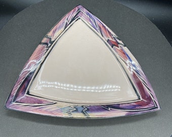 Triangle de poterie vintage thème sud-ouest rose Signé à la main Signé à la main