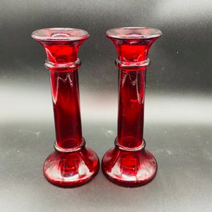 Set of Two Vintage Dark Red Hollow Glass Candlesticks by Gorgeous Designs Taiwan, 7 Inches Tall