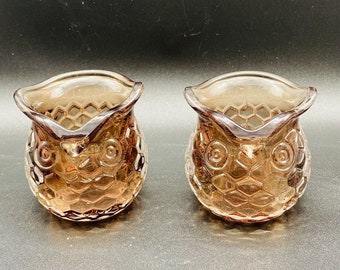 Art Glass Pair Brown Owl Votive Holders Vintage