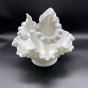 Fenton Milk Glass Hobnail Epergne 3 horn and bowl 1960s Opalescent Vintage