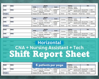 CNA/Nursing Assistant/Tech Shift Report Sheet