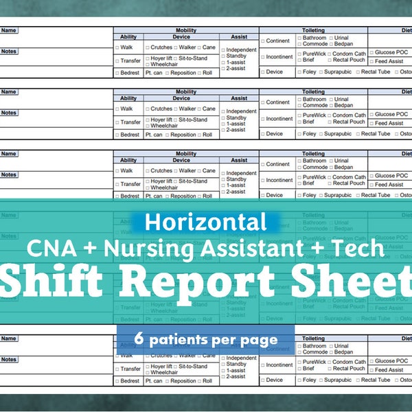 CNA/Nursing Assistant/Tech Shift Report Sheet
