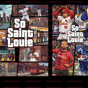 Può includere: Una stampa in stile collage con il testo "So Saint Louie" in grassetto. L'opera d'arte incorpora varie immagini di St. Louis, tra cui figure sportive con uniformi dei Cardinals e dei Blues, monumenti della città e scene locali. La tavolozza dei colori è vibrante, con un mix di illustrazioni.