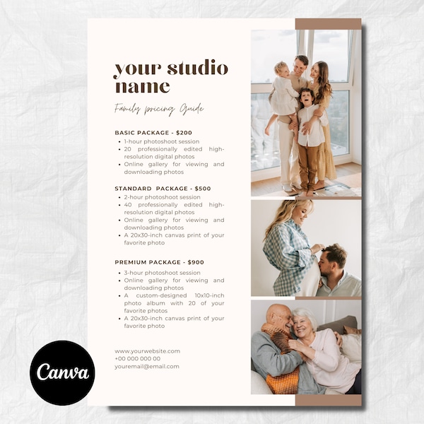 Family Photography Pricing Guide, Customizable Canva Template, Digital Download