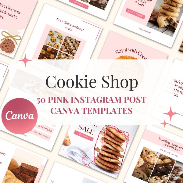 Cookie Shop 50 Instagram Canva Templates, Pink palette, customizable, editable posts for small bakery businesses