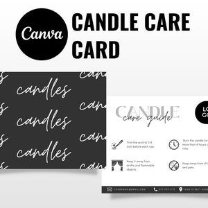 Candle Care Card Template, Editable Dark Minimalist Card Care Guide Card