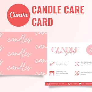 Candle Care Card Template, Editable Pink Minimalist Card Care Guide Card