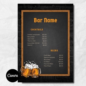 Menu de bebidas laranja e preto, modelo Canva personalizável, download digital, menu de restaurante