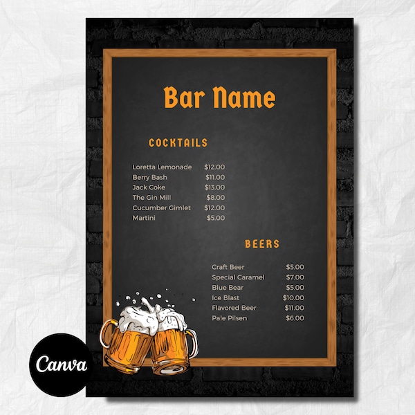 Orange and Black Drinks Menu, Customizable Canva Template, Digital Download, Restaurant Menu