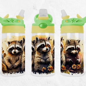 子供用タンブラーラップ アライグマデザイン、12オンス フリップトップ シッピーカップ 昇華デザイン、子供用ウォーターボトルラップ、デジタルダウンロード PNG ファイル