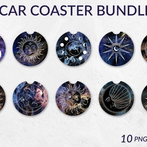 May include: Set of 10 round car coasters featuring celestial designs. The coasters have a dark blue background with white and gold celestial designs, including moons, stars, and suns. The designs are on a textured background that looks like a galaxy.