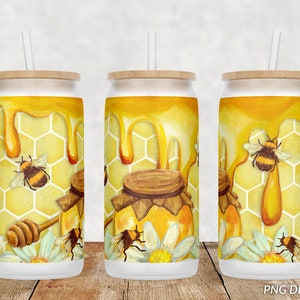 Glass Can Wrap, Digital Download Sublimation Design Honey bee Glass Can PNG, 16oz Template