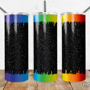 Pride LGBT Tumbler Wrap PNG, 20 oz Skinny Tumbler Gay Pride Flag Rainbow Black Glitter Sublimation Design Straight Tapered Template