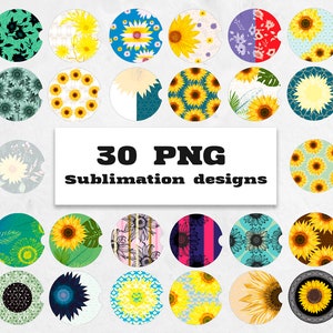 May include: Thirty sublimation designs for car coasters featuring sunflowers, floral patterns, and geometric designs. The designs are in various colors, including yellow, green, blue, red, and black.