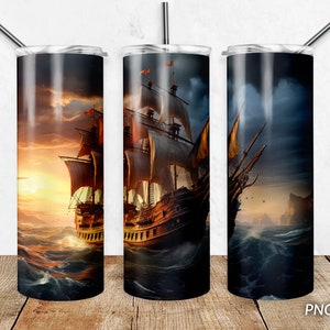 20oz Tumbler Wrap, Pirate Ship Print, Skinny Tumbler Design, Digital Download PNG, Tumbler Sublimation Template