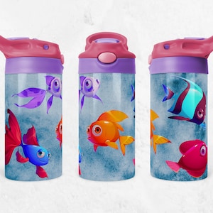 子供用タンブラーラップ 魚のデザイン、12 オンス フリップトップ シッピーカップ 昇華デザイン、子供用ウォーターボトルラップ、デジタル ダウンロード PNG ファイル