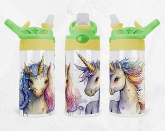 Kids Tumbler Wrap Unicorn Design, 12oz Flip Top Sippy Cup Sublimation Design, Kids Water Bottle Wrap, Archivo PNG de descarga digital