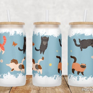 Glass Can Wrap, Digital Download Sublimation Design Cats Glass Can PNG, 16oz Template