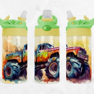 Monster Truck Sippy Cup 12oz Flip Top Tumbler Kids Water Bottle Wrap Digital Download PNG