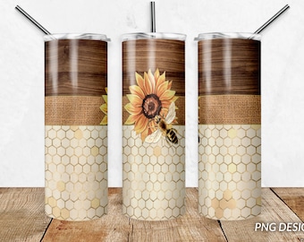 Bee Tumbler Wrap, Sunflowers 20 oz Tumbler Wrap PNG, Skinny Tumbler PNG Sublimation Design, Digital Download