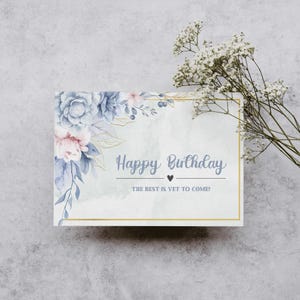 Cartão de aniversário em aquarela Flores, Cartão de feliz aniversário em aquarela, cartão dobrável (cartão de aniversário para impressão), cartão de felicitações