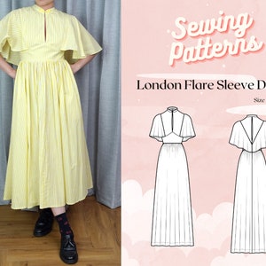 Może przedstawiać: Wzór szycia na sukienkę w żółto-białe paski z rozkloszowanym rękawem. Wzór nosi nazwę "London Flare Sleeve Dress" i jest dostępny w rozmiarach UK 2-18.
