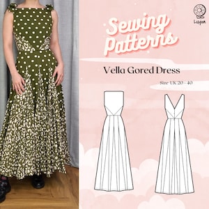 May include: An olive green and white polka dot dress with a flared skirt and a unique pattern at the hem. The dress has a square neckline and bow details on the shoulders. The image also includes sewing pattern illustrations and the text "Sewing Patterns Vella Gored Dress".