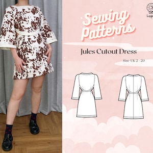 Boat Neck with Side Cutouts Mini Dress with Flared Sleeves Digital PDF Sewing Pattern // Jules Cutout Dress >> UK 2-20