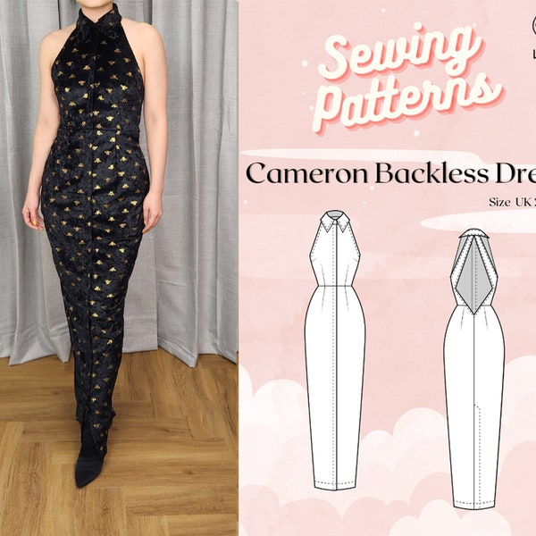 High Neck Collar Backless Dress (Wedding/Party/Special Event Dress) Digital PDF Sewing Pattern >> Cameron Backless Dress >> Size UK 2-18