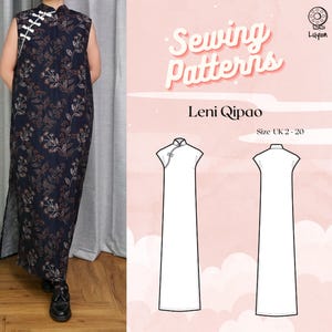 May include: A navy blue sleeveless Qipao dress with a floral pattern. The dress features a mandarin collar and side slits. The image also includes a sewing pattern with the text "Sewing Patterns", "Leni Qipao", and "Size UK 2-20".