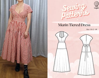 Cap Sleeve Diamond Neckline Tiered Maxi Dress Digital PDF Sewing Pattern // Marin Tiered Dress &gt;&gt; Size UK 2-18