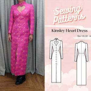 May include: A sewing pattern for a pink heart-shaped neckline dress called the Kinsley Heart Dress. The pattern is available in UK sizes 20-40.