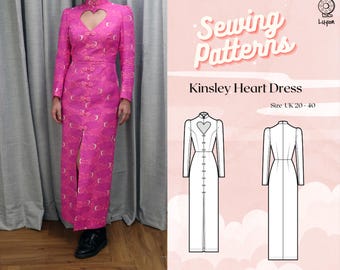 Plus+ Mandarin Collar Heart Cut Out Princess Line Long Sleeve Dress Digital PDF Sewing Pattern // Kinsley Heart Dress &gt;&gt; UK 20 - 40