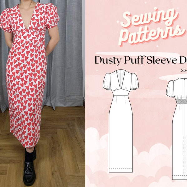 Puff Sleeve Deep V-Neck Shirred Dress Digital PDF Sewing Pattern // Dusty Puff Sleeve Dress >> Size UK 2-18