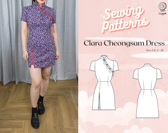 Cheongsam High Collar Mini Dress Digital PDF Sewing Pattern // Clara Cheongsam Dress &gt;&gt; Size UK 2-18