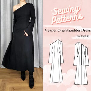 May include: A black one-shoulder dress with long sleeves and a flowing skirt. The dress is shown on a model and also as a sewing pattern with the text "Vesper One Shoulder Dress" and "Size UK 2-18".