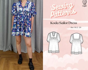 Plus+ Sailor Collar Puff Mid Sleeve Gathered Babydoll Mini Dress Digital PDF Sewing Pattern // Koda Sailor Dress &gt;&gt; UK 20 - 40