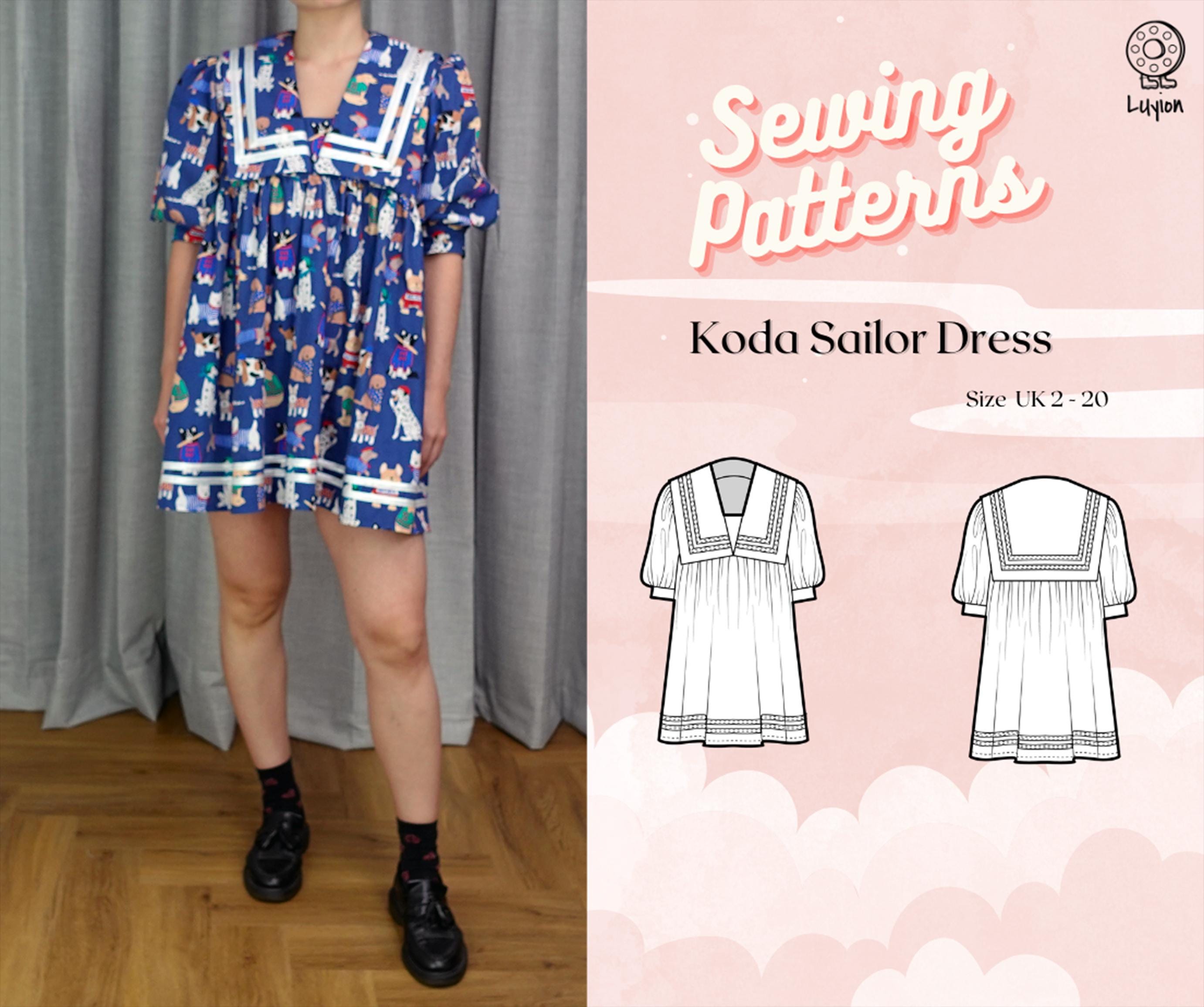 Sailor Collar Puff Mid Sleeve Gathered Babydoll Mini Dress Digital PDF Sewing Pattern // Koda Sailor Dress >> UK 2 - 20